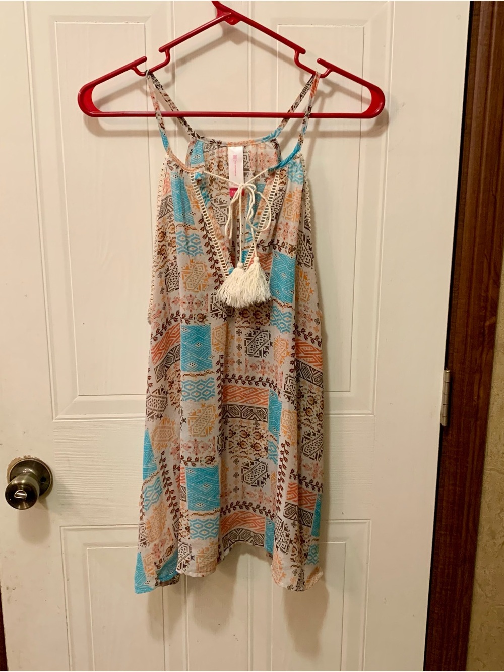 No Boundaries Boho Patchwork Halter Tank Top Cream Teal XXL